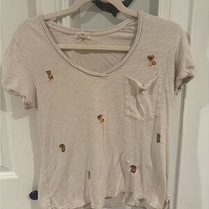 Anthropologie T.La Cream Fabric Pug Dogs Pocket V Neck Tee